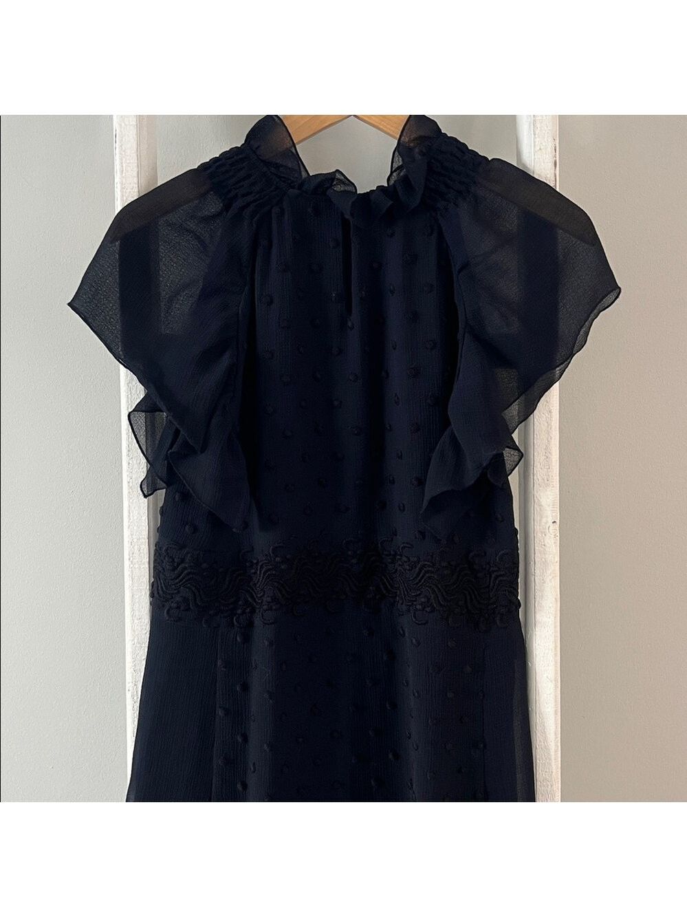 See by Chloe High ruffle neck black chiffon polka dot flutter sleeve dress 2 - Picture 9 of 15
